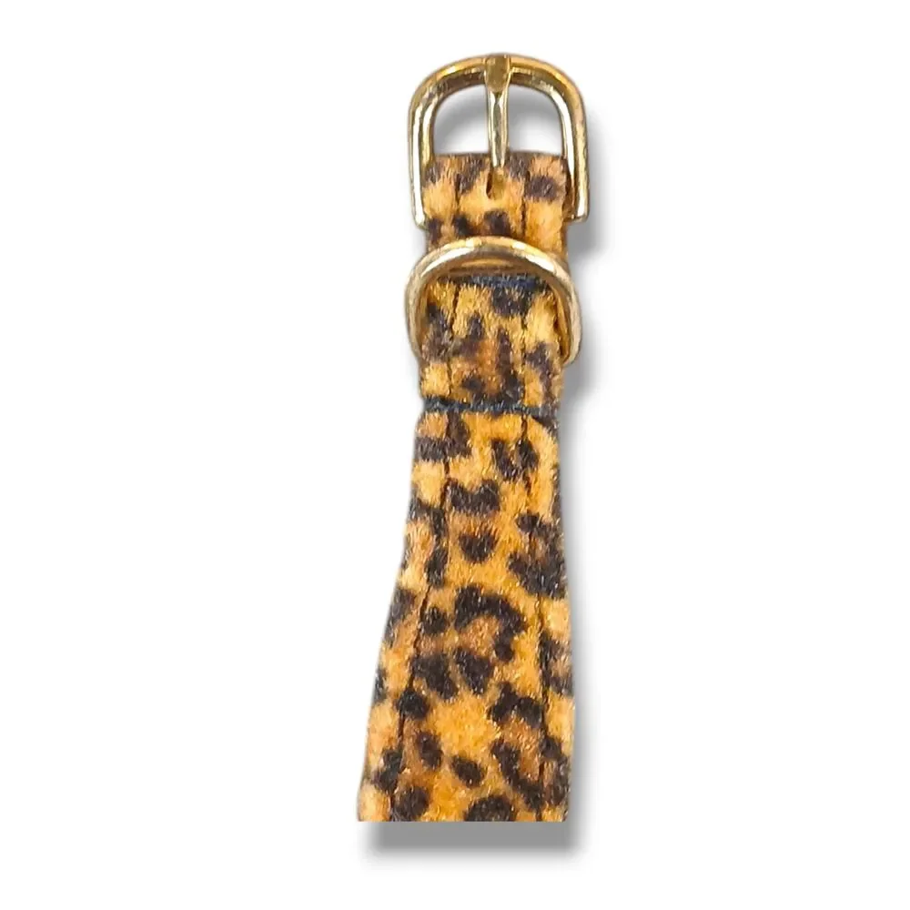 Brown Cheetah Print Cat Collar Small Adjustable Fuzzy Felt Brass Hardware 16 In
